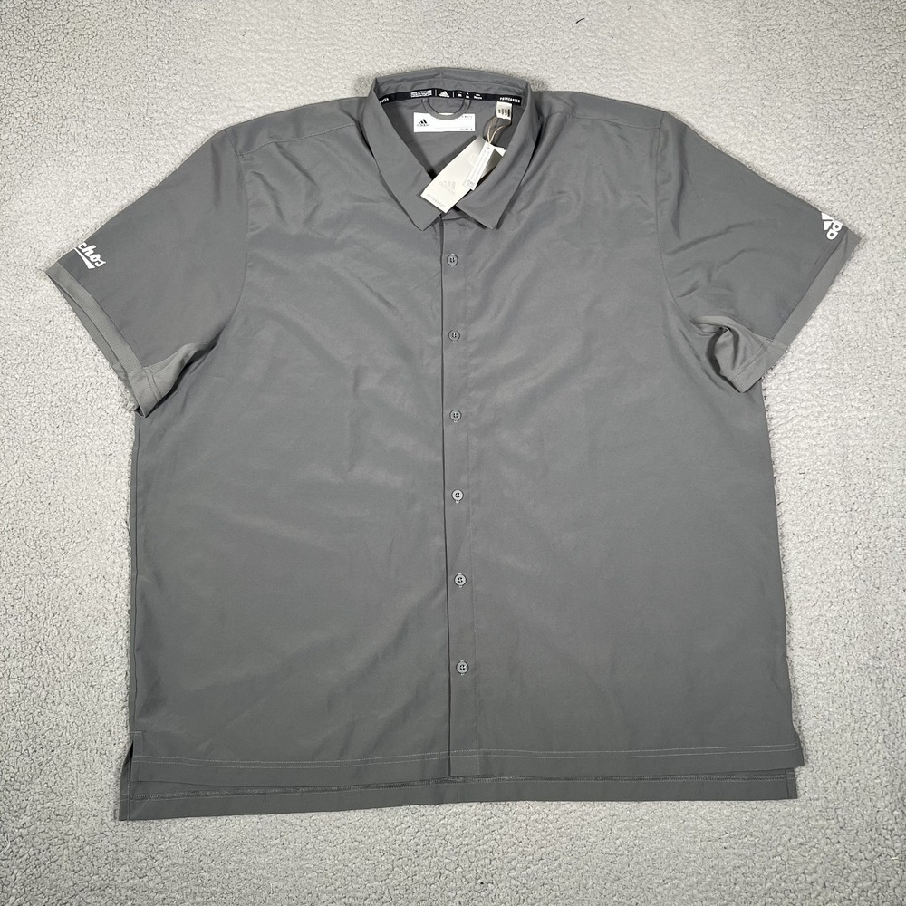 Adidas Shirt Mens 2XL Gray Full Button Shirt Vented Performance Stretch Logo NWT - Picture 2 of 15